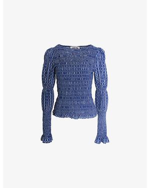 Amy Lynn Iris Checkerboard Cotton Smocked Sleeve Top - Blue