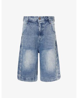 GODMADE Crystal-Embellished Cotton Denim Shorts - Blue