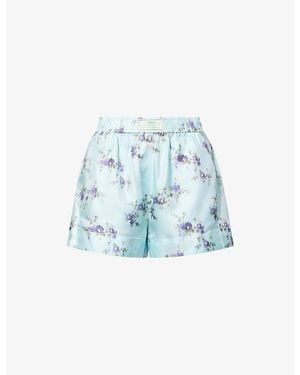 Ganni Floral-Print Elasticated-Waist Silk Shorts - Blue