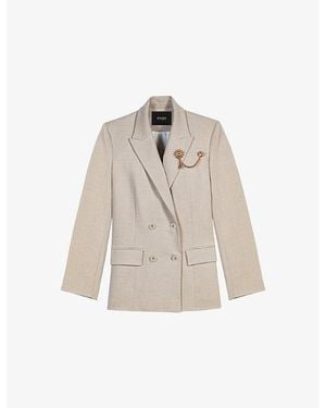 Maje Double-Breasted Brooch-Embellished Woven Blazer - Natural