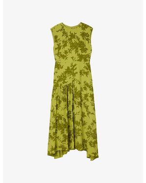 Whistles Floral-Print Asymmetric-Hem Woven Midi Dress - Green