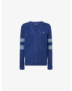Fred Perry Logo-Embroidered Striped-Sleeve Wool Blend Cardigan - Blue