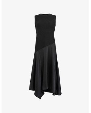 AllSaints Pia Asymmetric Satin Cotton-Jersey Midi Dress - Black