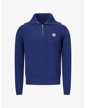 Moncler Logo-Print Quarter-Zip Ribbed Knit Jumper - Blue