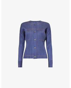 Pleats Please Issey Miyake Collarless Pleated Denim-Look Knitted Jacket - Blue