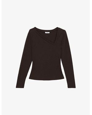 Reiss Felicity Asymmetric-Neck Stretch-Cotton Top - Black