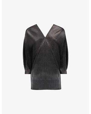 eem V-Neck Batwing-Sleeve Plisse Woven Top - Black