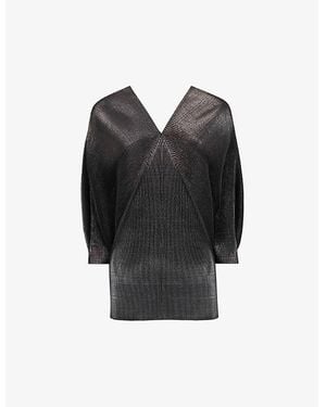eem V-Neck Batwing-Sleeve Plisse Woven Top - Black
