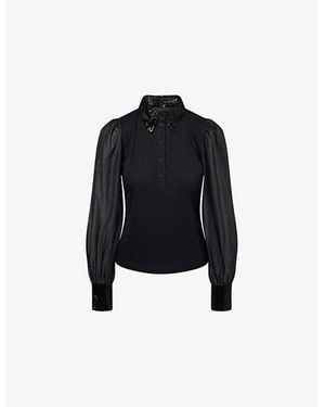 ME+EM Sequin Embellished-Trim Puff-Sleeve Cotton And Modal-Blend Shirt - Black