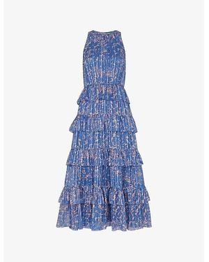 Whistles Paloma Tropical-Print Tiered Woven Midi Dress - Blue