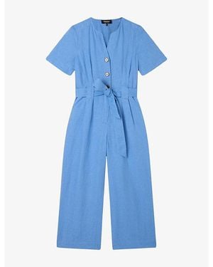 Whistles Fiona Short-Sleeved Linen Jumpsuit - Blue