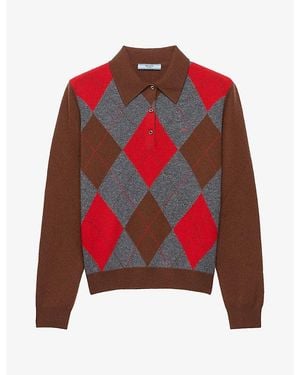 Prada Argyle-Intarsia Polo-Collar Cashmere Sweater - Red