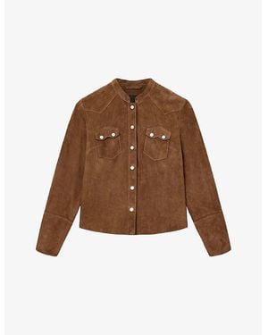 AllSaints Rock Grandad-Collar Long-Sleeve Suede Shirt - Brown