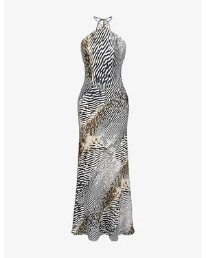 House Of Cb Luna Halter-Neck Graphic-Print Satin Maxi Dress - Grey