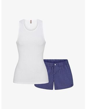 Skims Checked Stretch-Cotton Tank Top And Boxer Shorts Set - Blue