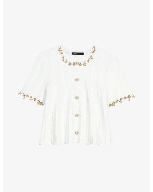 Maje Charm-Embellished Knitted Cotton-Blend Cardigan - White