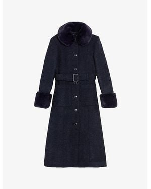 Ted Baker Lyddiia Faux Fur-Collar Woven Coat - Blue