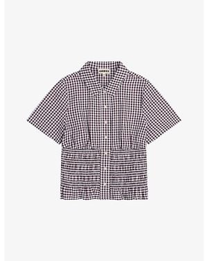 OMNES Merida Gingham Shirred-Panel Short-Sleeve Cotton Blouse - Purple