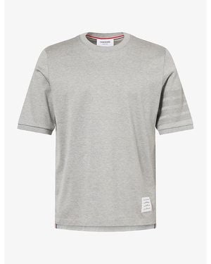 Thom Browne Striped-Sleeve Brand-Patch Cotton T-Shirt - Gray