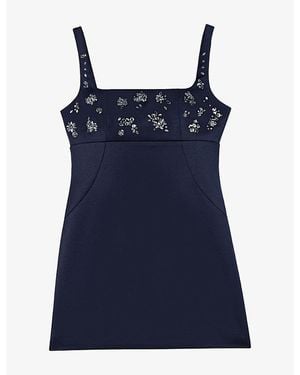 Maje Sleeveless Flower-Embroidered Satin Mini Dress - Blue
