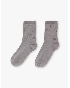 Sandro Rhinestone-Embellished Monogram Stretch-Cotton Socks - Grey