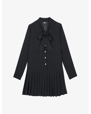 The Kooples Ascot-Collar Pleated-Skirt Woven Mini Dress - Black