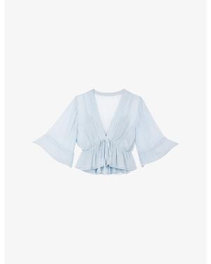 The Kooples V-Neck Tie-Waist Woven Blouse - Blue