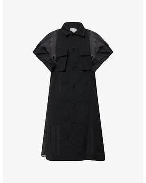 Sacai Pleated Contrast Satin And Wool Mini Dress - Black