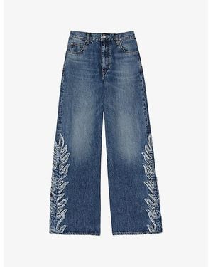 Sandro Flame-Pattern Flared-Leg High-Rise Denim Jeans - Blue