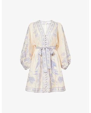Zimmermann Indra Plunge Linen Mini Dress - White