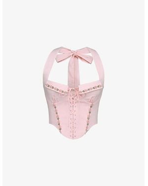 House Of Cb Demi Floral-Embroidered Stretch-Cotton Corset Top - Pink