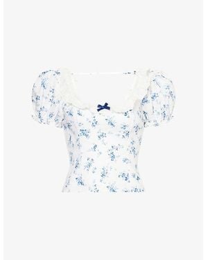 Reformation Alice Floral-Print Puff-Sleeve Linen Top - Blue