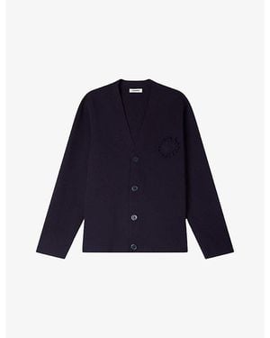 Sandro Crochet-Flower V-Neck Knitted Cardigan - Blue