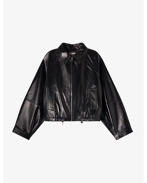 Sandro Side-Pocket Cropped Leather Jacket - Black