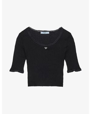 Prada Triangle-Logo Cropped Ribbed Cotton T-Shirt - Black