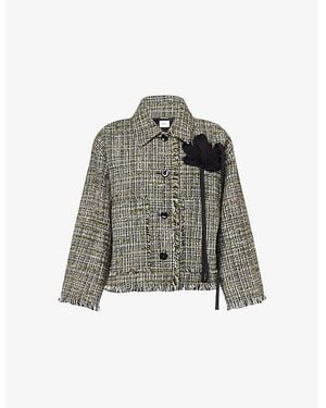 Erdem Boxy Floral-Embroidered Cropped Tweed Jacket - Gray