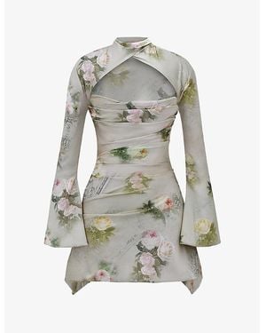 House Of Cb Toira Floral-Print Draped-Corset Woven Mini Dress - Grey