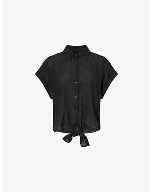 ME+EM Tie-Front Short-Sleeve Cotton Shirt - Black
