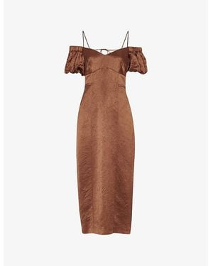 Whistles Faye Bardot-Neck Satin Midi Dress - Brown
