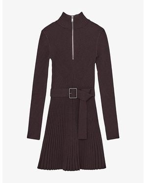 Reiss Vienna Zip-Neck Long-Sleeve Stretch-Knit Mini Dress - Purple