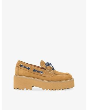 Maje Contrast-Lace Suede Boat Shoes - Natural