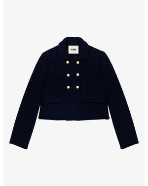 Maje Double-Breasted Cropped Tweed Jacket - Blue