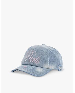 MISBHV Paris Rhinestone-Text Distressed Denim Cap - Blue