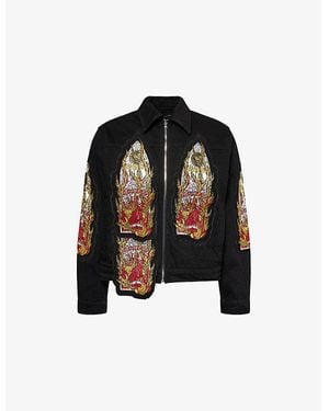 Who Decides War Flame Glass Embroidered Denim Jacket - Black