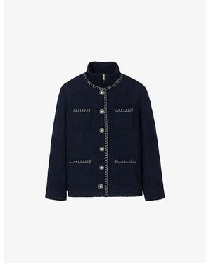Sandro Buttoned Contrast-Trim Tweed Jacket - Blue