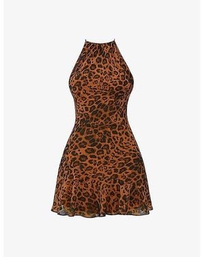 Mistress Rocks Leopard-Print Halter-Neck Backless Woven Mini Dress - Brown