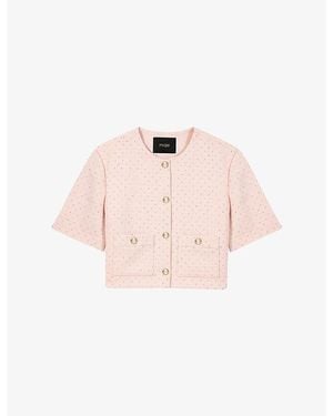 Maje Short-Sleeved Rhinestone-Embellished Tweed Jacket - Pink