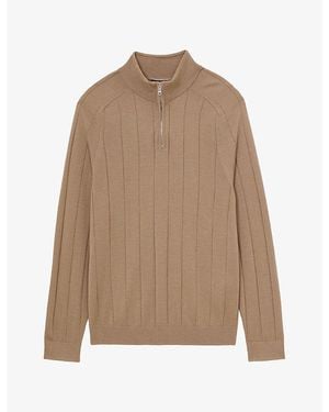 Reiss Findlay Half-Zip Wide-Rib Merino Wool Jumper - Natural