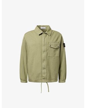 Stone Island Compass-Badge Herringbone Cotton Overshirt - Green