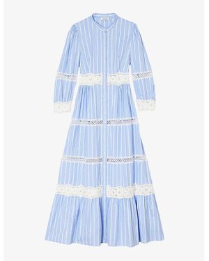 Sandro Lace-Embroidered Long-Sleeve Striped Cotton Maxi Dress - Blue